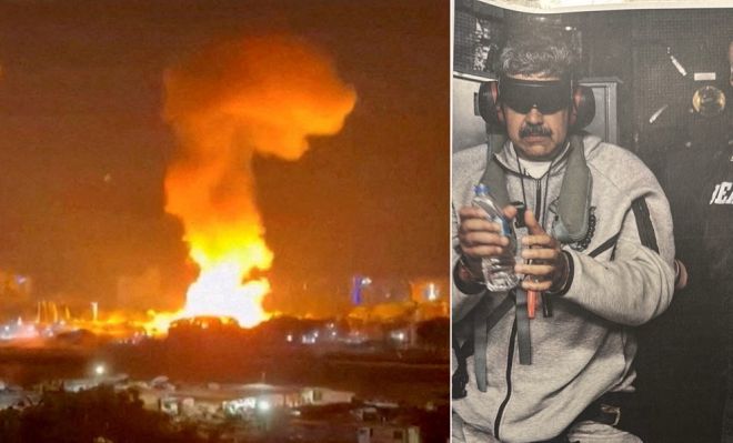 미군의 ‘확고한 결의 작전’이 전개된 3일(현지시간) 베네수엘라 수도 카라카스에서 공습 여파로 연기와 불길이 치솟고 있다(왼쪽). 오른쪽은 미군의 기습 작전으로 체포돼 압송된 니콜라스 마두로 베네수엘라 대통령의 모습. 도널드 트럼프 미국 대통령이 SNS 트루스소셜을 통해 공개했다. 로이터 연합뉴스