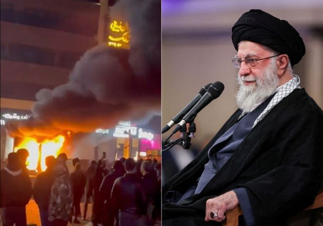 이란 테헤란에서 9일(현지시간) 반정부 시위가 이어지는 가운데, 시위 현장에서 불길이 치솟고 있다(왼쪽). 이와 별도로 이란 최고지도자 아야톨라 알리 하메네이는 지난 3일 테헤란에서 열린 회의에서 연설하고 있다(오른쪽). 물가 폭등과 통화 가치 급락 등 심각한 경제 위기를 계기로 시작된 시위는 대학과 주요 도시로 확산하며 정권에 대한 압박을 키우고 있다. 2026.1.3·9 UPI·로이터 연합뉴스