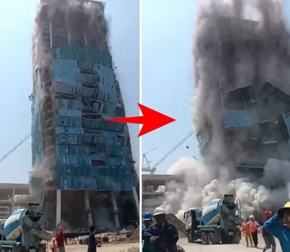 2025년 3월  28일(현지시간) 오후 12시 50분경 미얀마 중부 내륙에서 규모 7.7의 지진이 발생했다. 이후 인접국인 태국 방콕의 한 건설 현장에서 아파트가 무너져 내렸다. 사진은 방콕 건설 현장에서 30층 높이 아파트가 무너져내리는 모습. 엑스 캡처
