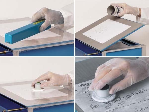 필흔 재생기 ‘ESDA2’ 사용 방법 1. 기기에 종이 밀착 2. 종이 위에 흑연가루 도포 3. 토너 장치 4. 토너작업으로 나타나는 필흔