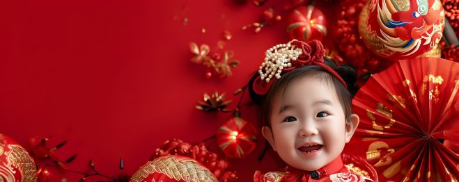 중국 전통 의상 차림의 아기. 123rf