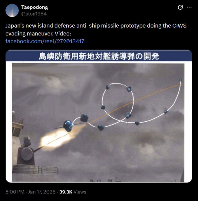 일본 방위장비청(ATLA) 자료를 바탕으로 한 개념 이미지. 신형 SSM이 종말 단계에서 배럴 롤 기동을 수행하며 함정의 근접방어체계(CIWS)를 회피하는 시나리오를 시각화했다. SNS 캡처