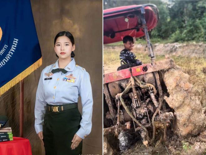 파가 군사 훈련 과정 관련 제복을 입고 촬영한 사진(왼쪽)과, 쌍둥이 형제 중 한 명이 농기계 작업을 하는 모습(오른쪽). 파는 학업을 마무리하던 시기에 교제를 시작했다고 밝혔다. SNS 캡처