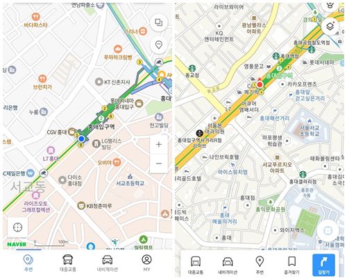 좌: 네이버 지도, 우: 카카오맵​​​​​​​(사진 출처 각기 네이버 지도, 카카오맵)