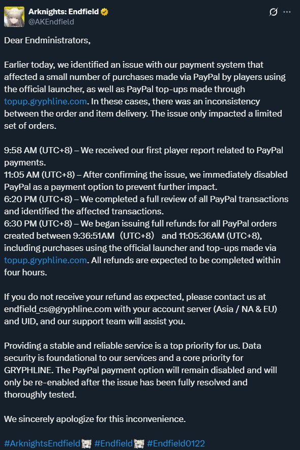 공식 입장을 밝힌 그리프라인 / 사진='명일방주: 엔드필드' 영문 SNS