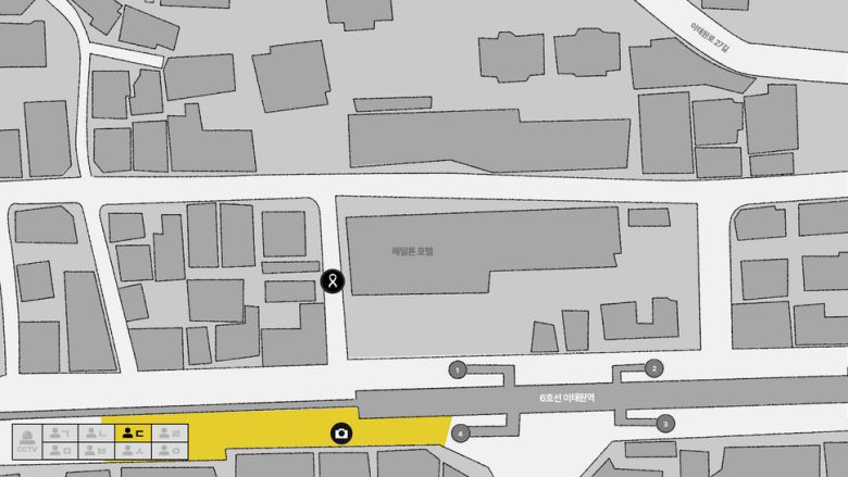 이태원 참사 목격자 ㄷ씨가 사진을 촬영한 장소가 지도에 표시돼있다.