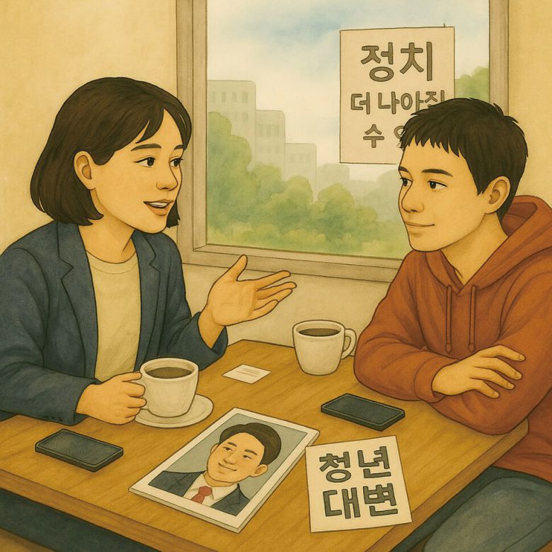 생성형 인공지능(AI) \'빙\'에 \'이준석 후보 지지 청년과 그 반대 입장을 가진 청년이 대화하는 모습을 그려달라\'는 등의 지시어를 입력해 생성한 이미지.