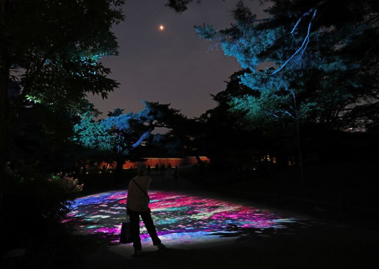 저녁 7시30분 현재 기온이 31.1도(체감 32.2도)를 보인 7월6일 서울 종로구 창경궁에서 궁의 자연경관과 빛, 첨단 영상기술이 어우러진 ‘2025 창경궁 물빛연화\' 제8경 ‘영원한 궁’이 달빛 아래 펼쳐지고 있다. 빛과 어둠의 조화를 느끼며 더운 여름밤 잠시나마 숨을 돌릴 수 있다. 궁에 입장한 관람객이라면 별도의 예약 없이 무료로 관람할 수 있다.