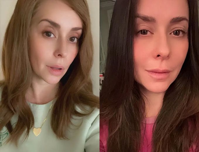 (왼쪽) 필터로 찍은 셀카, (오른쪽) 44세 생일을 맞아 생얼에 필터 없이 찍은 셀카 /사진=배우 제니퍼 러브 휴잇 인스타그램