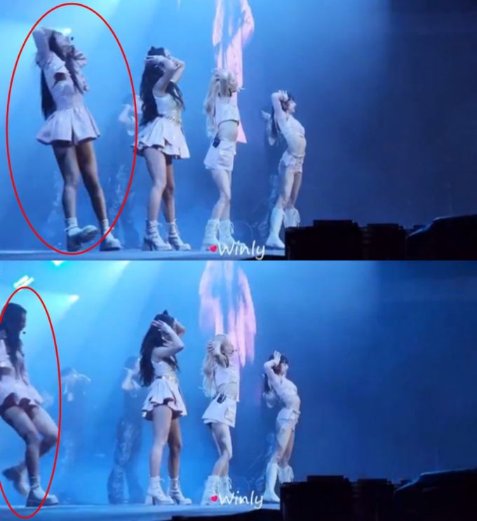 콘서트 도중 중심을 잃고 뒤로 넘어진 블랙핑크 제니 / 사진=트위터 캡처