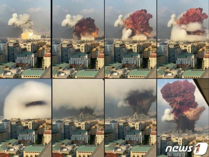 (AFP=뉴스1) 5일(현지시간) 레바논 수도 베이루트 항구 창고에 보관돼 있던 인화성 물질 질산암모늄이 두차례에 걸쳐 대규모로 폭발하는 모습.  ⓒ AFP=뉴스1