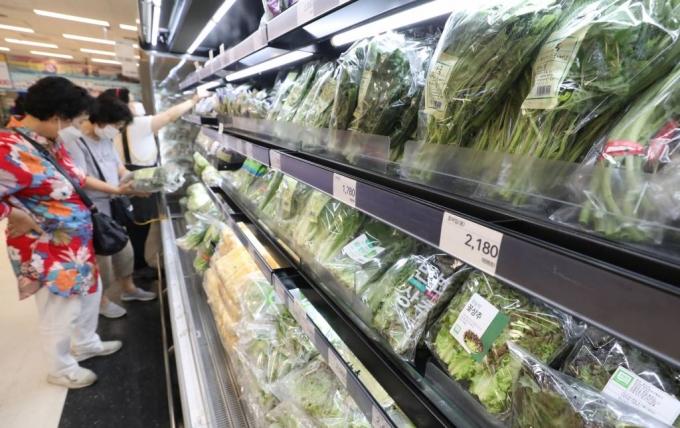 [서울=뉴시스]홍효식 기자 = 지난 9일 한국농수산식품유통공사(aT)의 농산물유통정보에 따르면 채소류 등 농산물 가격이 크게 오르는 추세다. 긴 장마가 지속되면서 농산물 가격 폭등이 전망되는 가운데 10일 서울 한 대형마트 농산물 코너에 채소 등이 진열돼 있다. 2020.08.10.   yesphoto@newsis.com