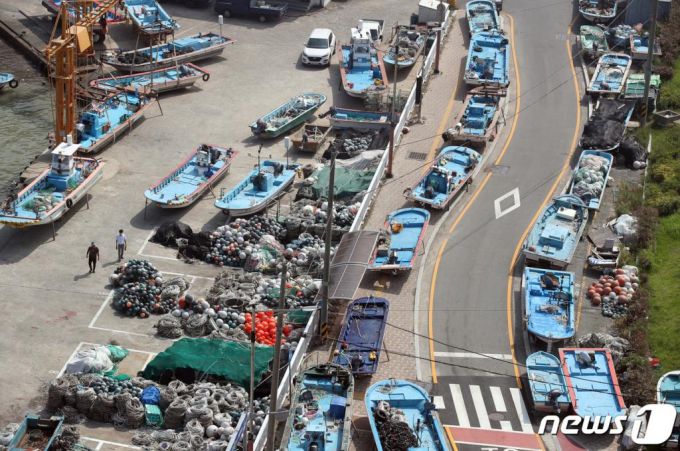 제8호 태풍 '바비'(BAVI)가 북상하고 있는 25일 오후 부산 송정어촌계 인근 도로에 어선이 피항해있다. /사진=뉴스1