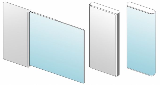 LG전자 롤러블폰 관련 특허 속 제품 모습. 화면이 돌돌 말리지 않고 제품 뒷면으로 말려 들어가는 형태다.