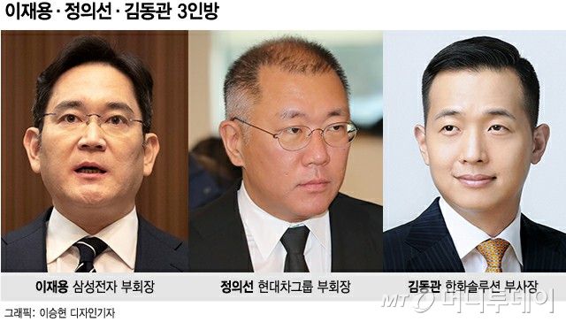 왼쪽부터 이재용 삼성전자 부회장과 정의선 현대차그룹 수석부회장, 김동관 한화솔루션 부사장. /이승현 디자인기자 / 사진=이승현 디자인기자