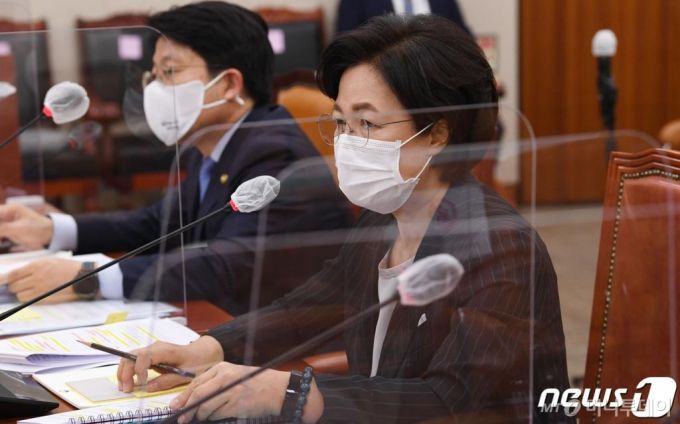 (서울=뉴스1) 신웅수 기자 = 추미애 법무부 장관이 12일 오후 서울 여의도 국회에서 열린 법제사법위원회의 법무부 등에 대한 국정감사에서 의원들의 질의에 답변하고 있다. 2020.10.12/뉴스1