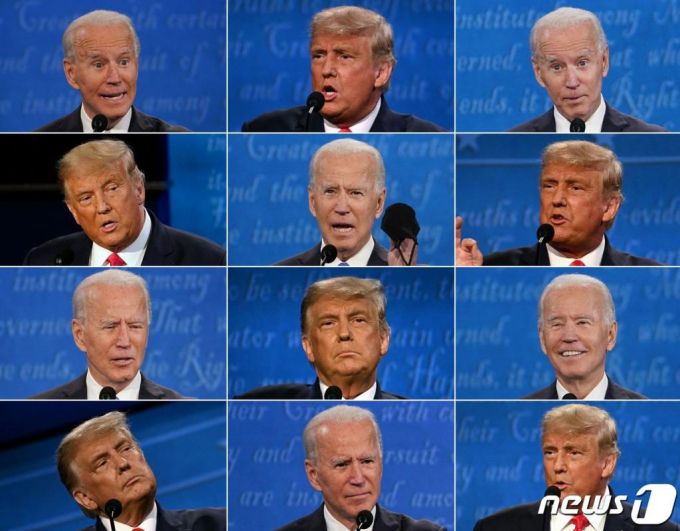 도널드 트럼프 미국 대통령과 조 바이든 민주당 대선후보가 22일(현지시간) 테네시주 내슈빌의 벨몬트 대학에서 열린 대선후보 마지막 TV 토론에서 다양한 표정을 보여주고 있다./사진=(내슈빌 AFP=뉴스1)