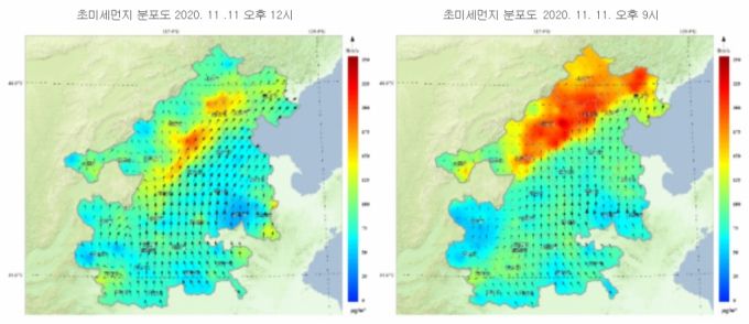지난 11일 기준 중국 초미세먼지 분포도. /사진=중국 생태환경부