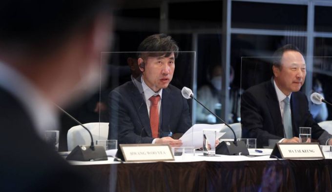 하태경 국민의힘 의원이 24일 서울 중구 신라호텔 영빈관에서 열린 제17차 북한자유이주민 인권을 위한 국제의원연맹(IPCNKR) 총회에서 개회사하고 있다. / 사진=뉴시스