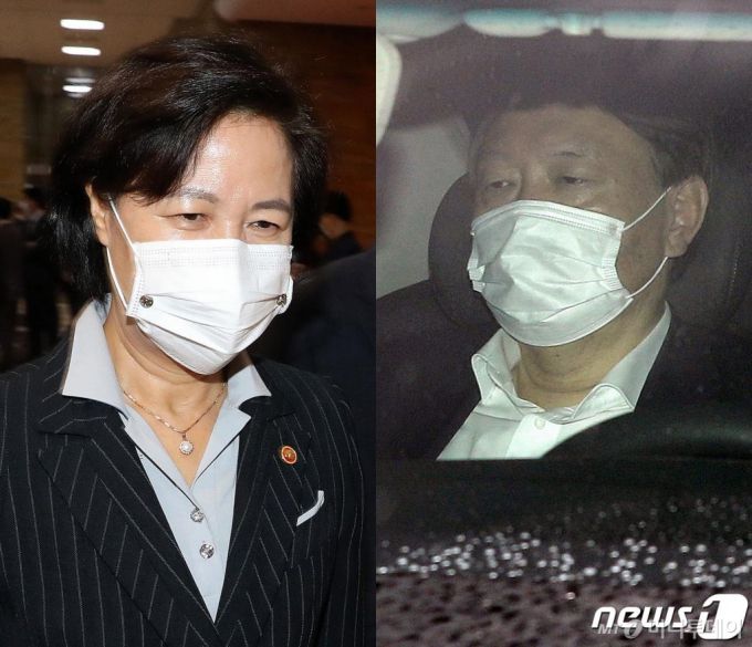 (서울=뉴스1) 박세연 = 추미애 법무부 장관(왼쪽)이 19일 오후 서울 여의도 국회에서 열린 본회의에 참석하기 위해 본청으로 들어서고 있다. 같은 날 윤석열 검찰총장이 서울 서초구 대검찰청으로 출근하고 있다.   법무부가 이날 오후 윤석열 검찰총장 감찰 관련 대면조사를 강행하기 위해 전날(18일) 재차 공문을 보내면서, 추 장관과 윤 총장의 충돌이 벼랑 끝을 향하는 양상이다. 2020.11.19/뉴스1