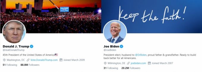 트럼프 대통령의 트위터(왼쪽)와 바이든 당선인의 트위터. /사진=트위터 갈무리.
