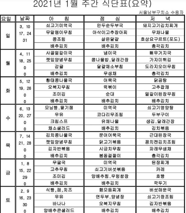 서울 남부구치소 수용자 식단표/사진출처=온라인 커뮤니티
