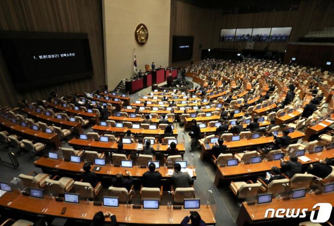 4일 오후 서울 여의도 국회에서 열린 제384회국회(임시회) 제4차 본회의에서 법관(임성근) 탄핵소추안이 가결되고 있다. 2021.2.4/사진 = 뉴스 1