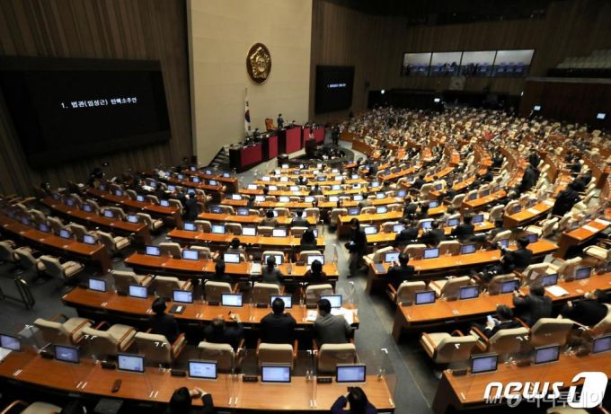 (서울=뉴스1) 신웅수 기자 = 4일 오후 서울 여의도 국회에서 열린 제384회국회(임시회) 제4차 본회의에서 법관(임성근) 탄핵소추안이 가결되고 있다. 2021.2.4/뉴스1