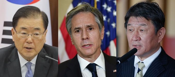 왼쪽부터 정의용 외교부 장관, 토니 블링컨 미국 국무부 장관, 모테기 도시미쓰 일본 외무상/사진=AFP, 뉴시스