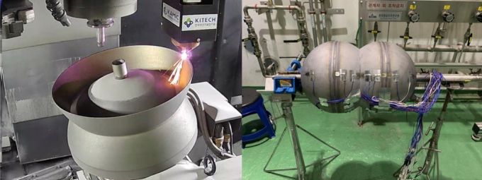 금속 3D프린팅 기술로 제작하고 있는 공통격벽 형태의 발사체용 추진제 탱크(좌), 30bar 가스 내압평가 중인 공통격벽 형태의  발사체용 추진제 탱크의 모습(우). /자료=한국생산기술연구원