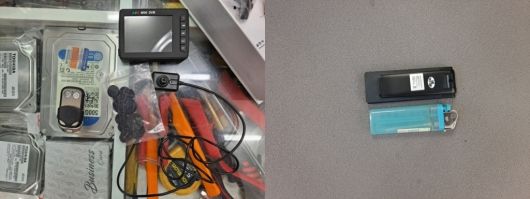 지난 24일 서울 용산구 전자상가에서 매장 주인들이 소개한 초소형카메라. (좌) 단추형, 차키형 카메라. (우) 각도 조절까지 되는 라이터 크기의 카메라. /사진=홍순빈 기자