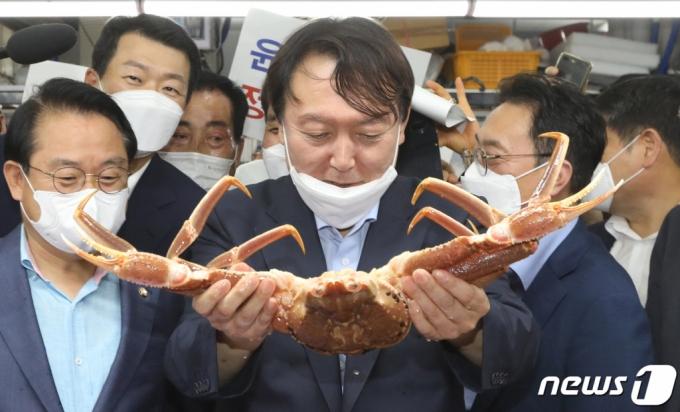 윤석열 전 검찰총장이 27일 오후 부산 중구 자갈치시장을 찾아 상인이 건넨 대게를 들어보고 있다. 2021.7.27/뉴스1