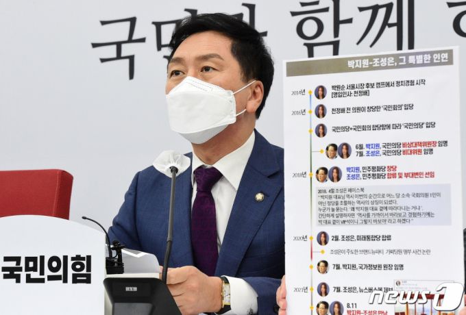 (서울=뉴스1) 이동해 기자 = 김기현 국민의힘 원내대표가 12일 국회에서 '윤석열 검찰의 고발 사주 의혹'에 대한 공수처의 김웅 의원실 압수수색 관련 긴급 기자간담회를 갖고 있다. 김 원내대표는 이자리에서 김웅 의원실 압수수색은 절차상 명확한 불법이며 박지원·조성은 연결고리가 이번 사건 핵심이라고 밝혔다. 2021.9.12/뉴스1