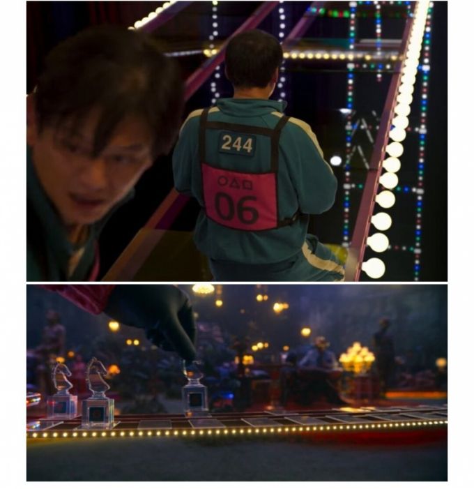 넷플릭스 시리즈 '오징어 게임'의 게임 중 하나인 유리 다리 건너기. 유리 다리를 건너는 참가자 모습(위)과 이를 스크린으로 즐기는 VIP실의 모습.