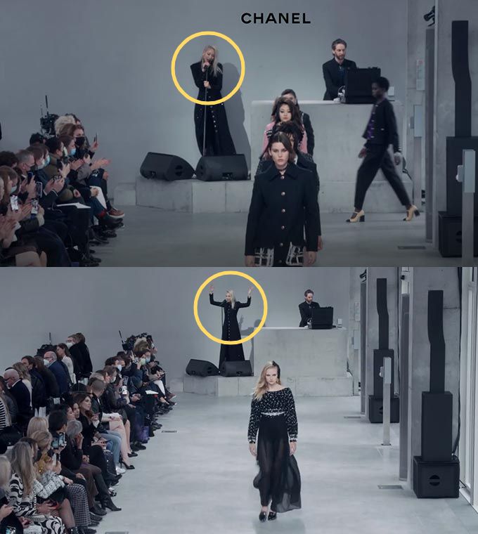 모델 수주가 샤넬 2021-22 공방 컬렉션에서 노래를 부르는 모습./사진=샤넬(CHANEL)