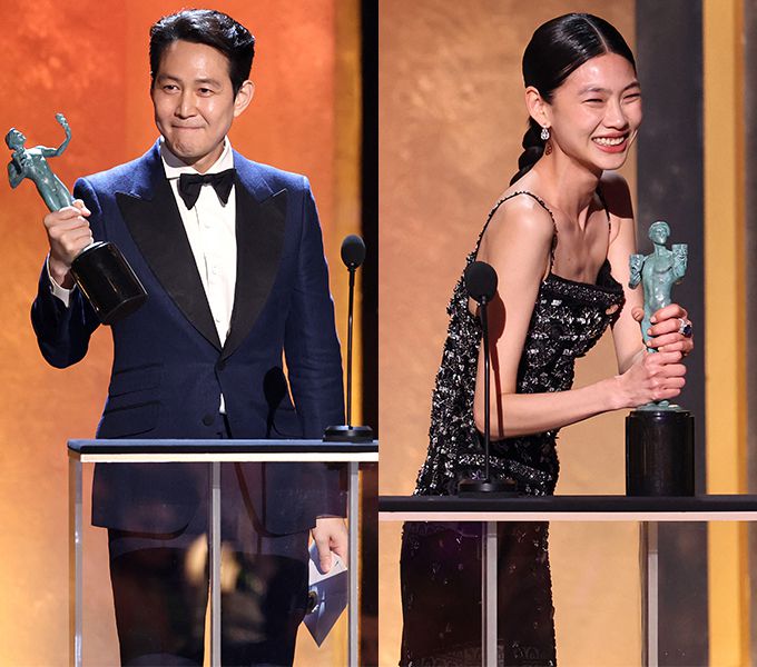 미국배우조합상 남녀주연상을 수상한 넷플릭스 오리지널 시리즈 '오징어 게임'의 배우 이정재, 모델 겸 배우 정호연/사진=AFP/뉴스1