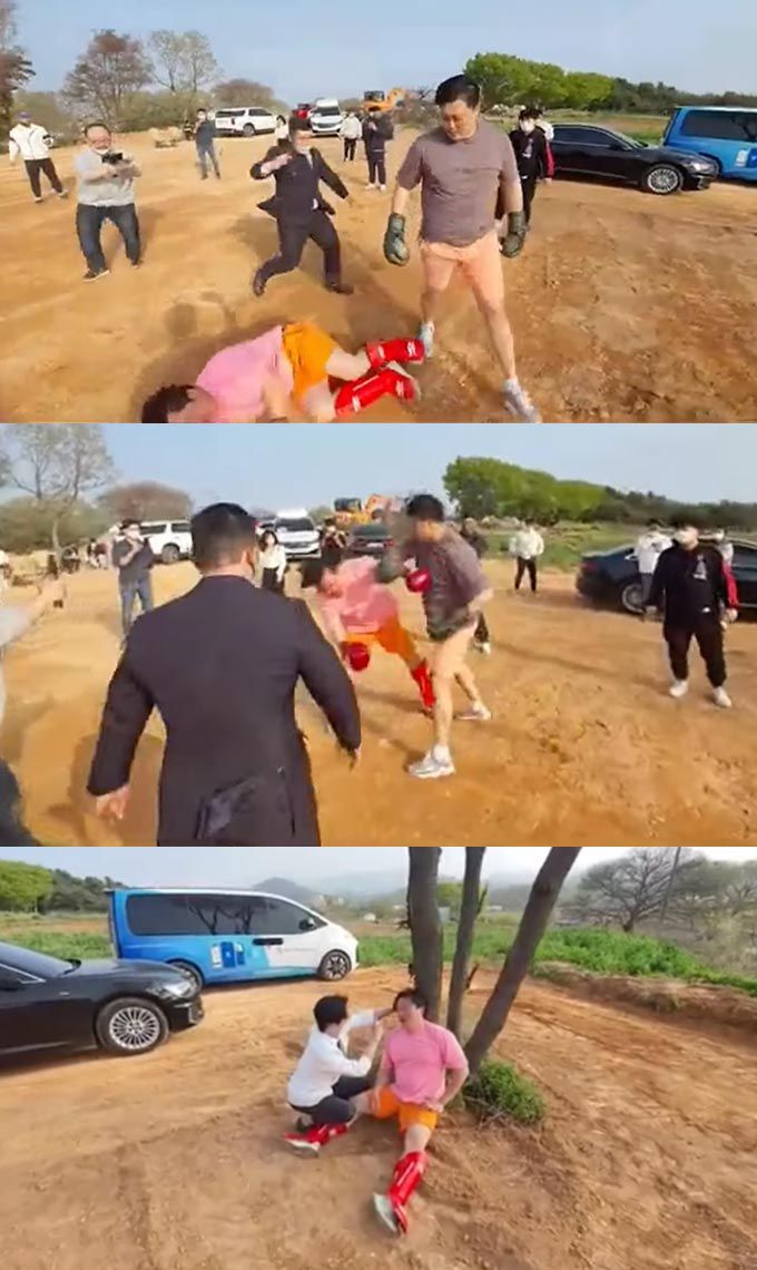 격투기 선수 명현만과 SBS플러스 '나는 솔로' 4기로 출연한 영철(본명 이승용)의 스파링 모습./사진=유튜브 영상 캡처