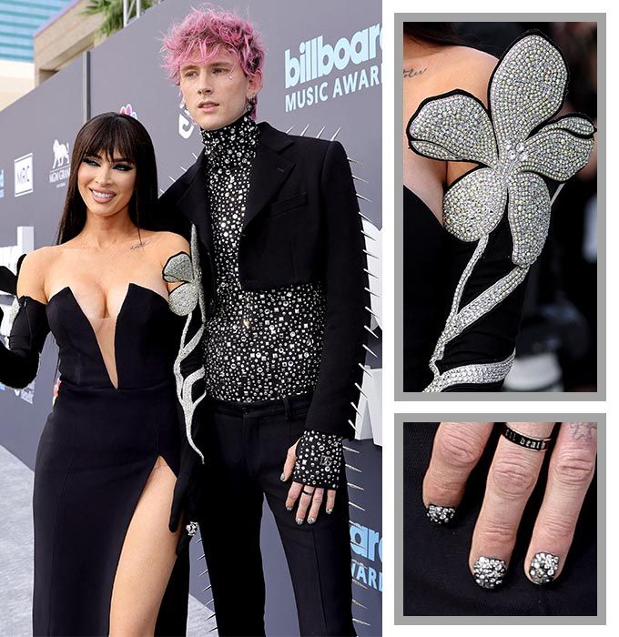 할리우드 배우 메간 폭스, 그의 4살 연하 남자친구 래퍼 머신 건 켈리(왼쪽). 메간 폭스 드레스의 라인스톤 장식(위)과 머신 건 켈리의 네일아트(아래)/AFPBBNews=뉴스1 /편집=이은 기자