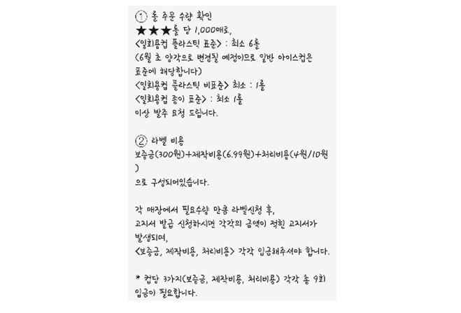 오는 6월 10일 컵 보증금제도 도입으로 인해 가맹점주들은 본사로 부터 보증금 라벨지 구입 안내 문자를 받고 있다. /사진= 독자제공