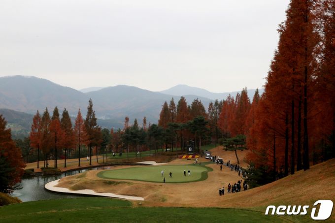 (파주=뉴스1) = 13일 경기 파주 서원밸리CC에서 열린 LG 시그니처 플레이어스 챔피언십 FR에서 갤러리들이 8번홀에 모여 있다. (KPGA 제공) 2022.11.13/뉴스1  Copyright (C) 뉴스1. All rights reserved. 무단 전재 및 재배포 금지.