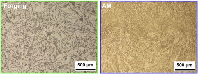 기존 원자로 압력용기용 소재(왼쪽)와 3D프린팅으로 새롭게 개발한 소재(오른쪽)의 미세 조직 비교. 오른쪽에서 더 작은 결정립과 충격 특성이 우수한 미세 조직 분포를 관찰할 수 있다. / 사진=한국원자력연구원