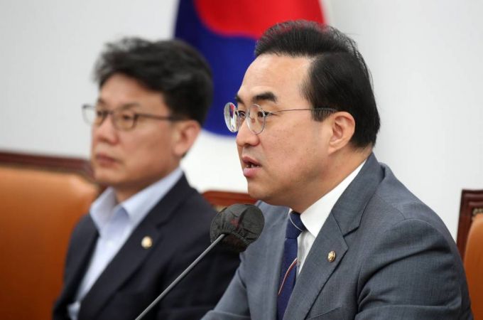 박홍근 더불어민주당 원내대표가 13일 오전 서울 여의도 국회에서 열린 정책조정회의에서 발언하고 있다./사진=뉴시스