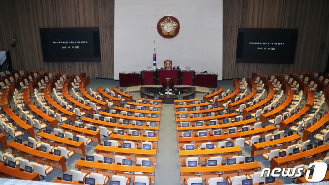 (서울=뉴스1) 이종덕 기자 = 13일 오후 3시에 열릴 예정이던 제 372회 국회(임시회) 제1차 본회의가 지연되어 회의장이 텅 비어 있다. 교섭단체 3당 원내대표는 이날 오전 국회의장이 주재한 3당원내대표 회동에서 민생법안 처리와 패스트트랙 법안 상정에 합의했으나 한국당에서 '4+1 협의체'가 선거법 개정안의 수정안 등 패스트트랙 법안을 상정할 경우 필리버스터(무제한 토론)에 나서겠다고 해 선거법 개정안 등을 둘러싼 여야의 충돌이 불가피할 것으로 보인다. 2019.12.13/뉴스1