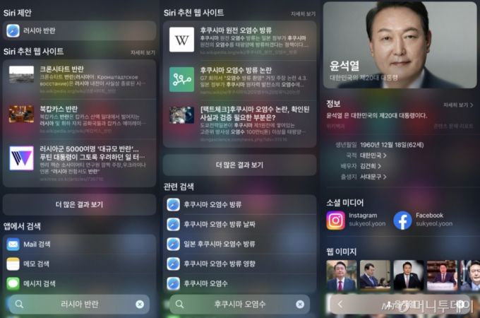 스포트라이트에서 검색어를 입력하면 관련 웹페이지가 시리 추천으로 뜨고 관련 검색어도 추천해준다. 윤석열 대통령처럼 유명인 검색시 SNS와 웹이미지를 포함한 인물정보도 제공한다. /사진=아이폰 캡처