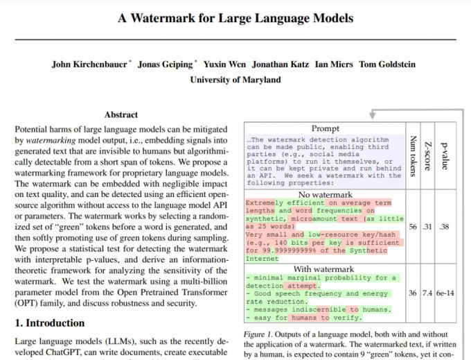 메릴랜드대 연구진이 발표한 논문 'LLM을 위한 워터마크'. /자료=arxiv