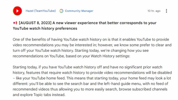 /사진=구글 유튜브 커뮤니티 공지 갈무리