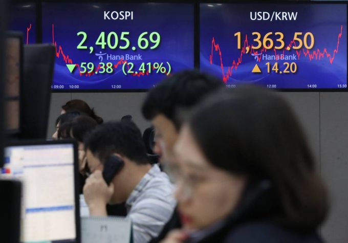 [서울=뉴시스] 황준선 기자 = 4일 코스피가 전 거래일(2465.07)보다 59.38포인트(2.41%) 하락한 2405.69에 장을 닫았다. 코스닥지수는 전 거래일(841.02)보다 33.62포인트(4.00%) 내린 807.40에 거래를 종료했다. 원·달러 환율은 전 거래일(1349.3원)보다 14.2원 뛴 1363.5원에 마감했다. 이날 오후 서울 중구 하나은행 딜링룸 전광판에 지수가 표시돼 있다. 2023.10.04.