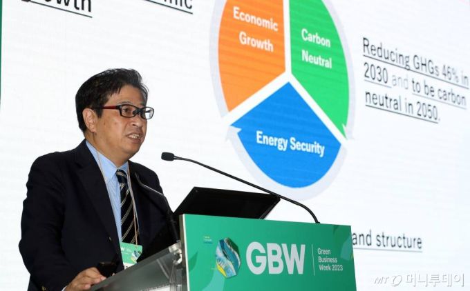 에이지 오히라 네도 총괄책임이 23일 서울 강남구 코엑스에서 열린 '그린비즈니스위크 2023' 수소경제표준 국제컨퍼런스에서 '일본 수소연료전지 개발 현황 및 전망'에 대해 발표하고 있다. /사진=이기범