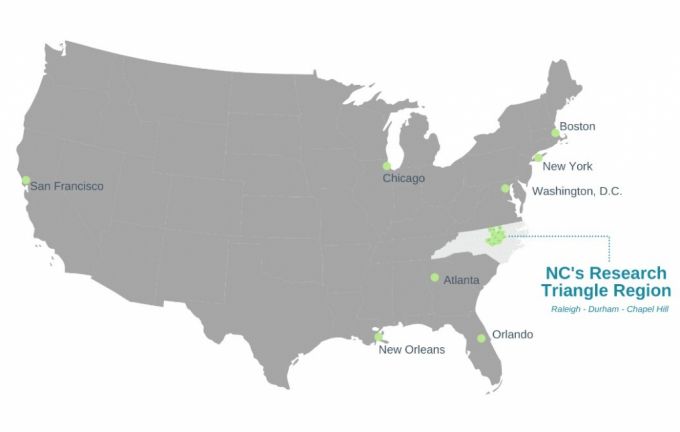 RTP는 미국 동남부 노스캐롤라이나주 주도인 롤리시(NCSU)와 듀크대학교가 있는 더럼시, UNC가 있는 채플힐 사이에 조성됐다./자료= RTF
