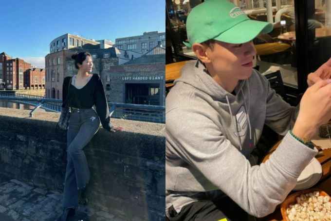 (왼쪽부터) 'LEFT HANDED GIANT'(왼손잡이 거인) 문구 앞에서 사진을 찍은 최혜선, 초록색 모자와 팔찌를 착용한 이관희 /사진=최혜선 인스타그램, 이관희 인스타그램 캡처